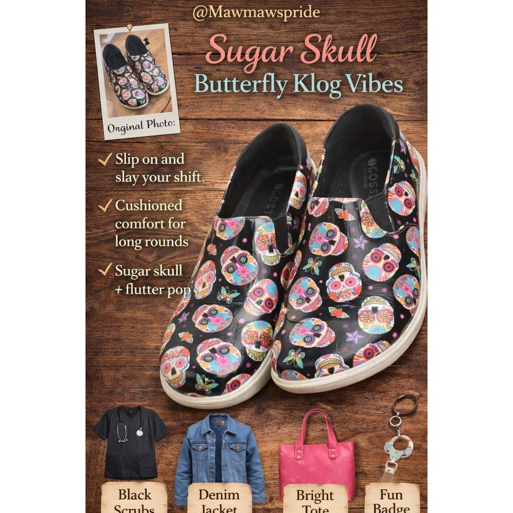 Klogs SLIP ON AND SKAY YOUR SHIFT Skull Butterfly Candy Skulls Clogs Size 9